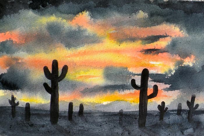 Desert Sunset Watercolor by Stephanie Henkel.