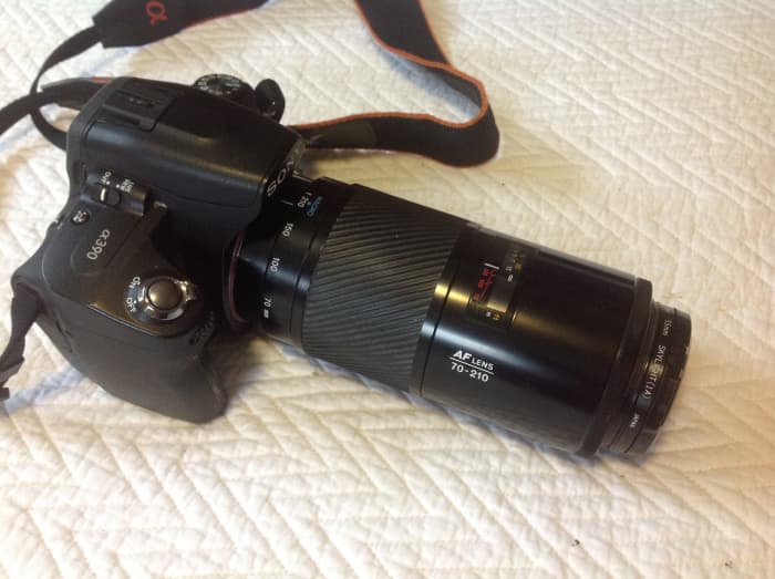 "The Beercan" Minolta Maxxum 70-210mm f4 lens originally made in the 1980s and '90s for film cameras. Now fits the Sony Alpha line of digital cameras. This may be the best lens ever made in its focal range and for the price of under $200 on eBay.