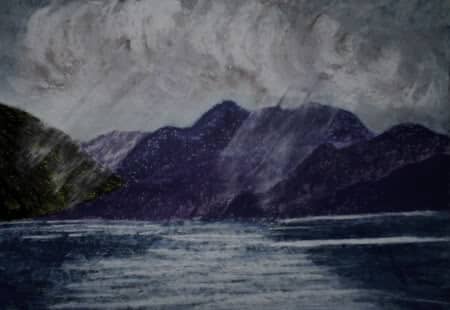 This painting is a further example of the technique, shafts of light coming through threatening clouds on the mountains around a scottish loch.