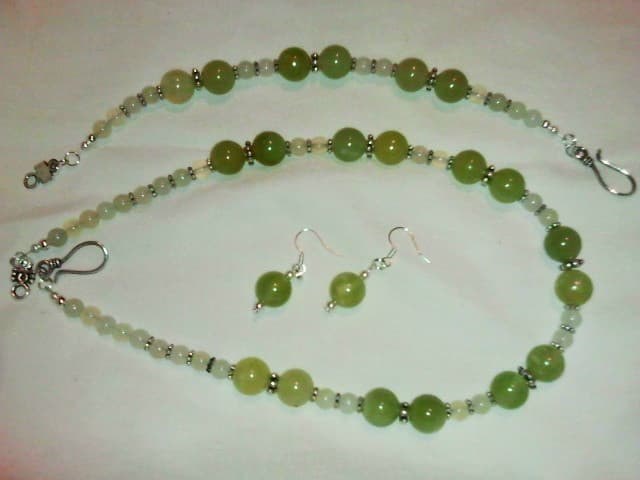 Here's a pretty green and yellow jade necklace, earrings, and bracelet set that I made with those little bitty beads I talked about earlier. See the chart below to find out what my base cost is for this set.