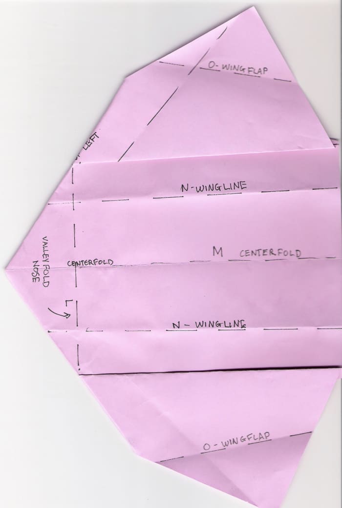 With paper turned over: L. Fold nose M. Valleyfold center line N. Fold wings O. Fold wing flaps