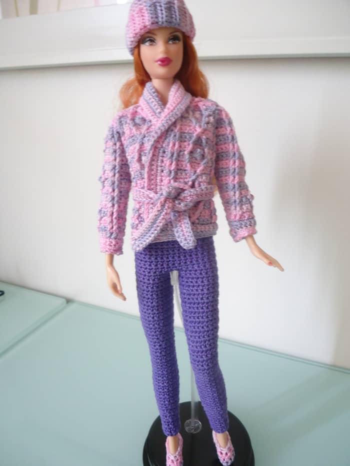 "Her Aran Sweater" from "Leisure Arts Crocheted Fashion Doll Clothes, Book 2; Barbie Basic Leggings, and Barbie Ballet Flats."