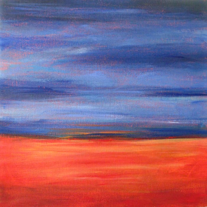 Abstract landscape. For the ground, I used Burnt Sienna, Raw Sienna, Hansa Yellow Light, Naphthol Red Medium, and Titanium White. For the sky, I used Ultramarine Blue, Cerulean Blue, and Titanium White.