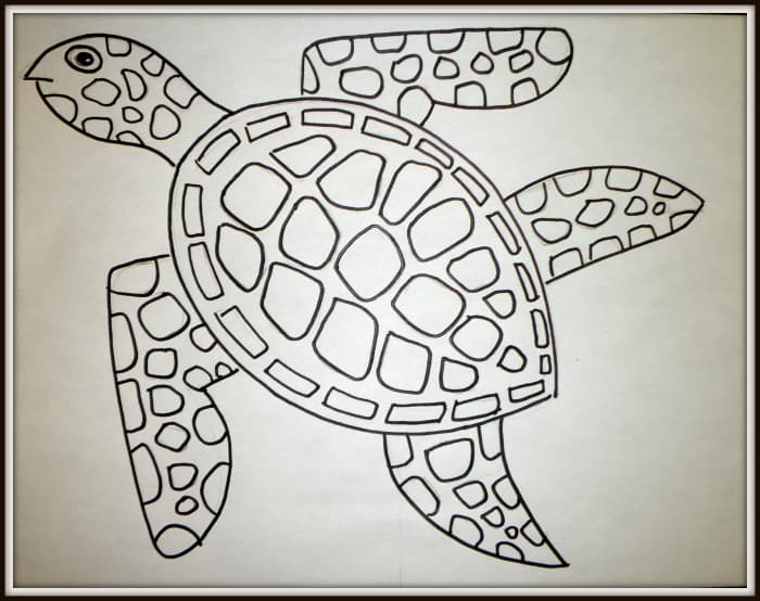 Art Lesson: How to draw a sea turtle step by step. The finished drawing of the sea turtle.