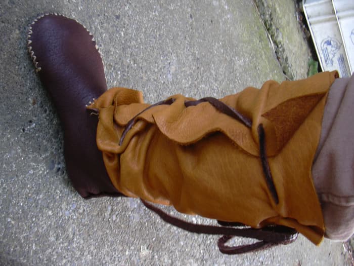 This type of moccasin is usually sewn inside out, but I did them right side in because the leather is so heavy they're hard to turn.