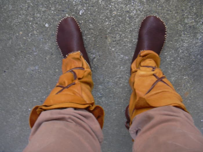 My latest pair of high top moccasins, before breaking in. Buffalo brown on the vamp and sole and elk uppers, with buffalo lacing.