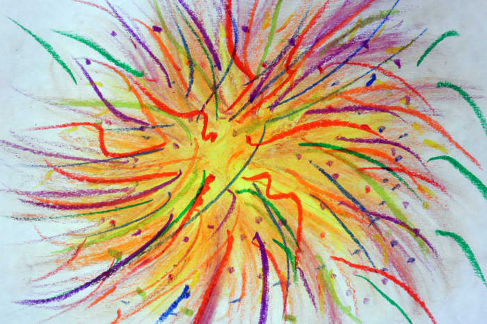 Fireworks and 4th of July artwork done with oil pastels. Although beautiful as is, by adding the next step it makes it look like nighttime, which is when fireworks light up the sky.