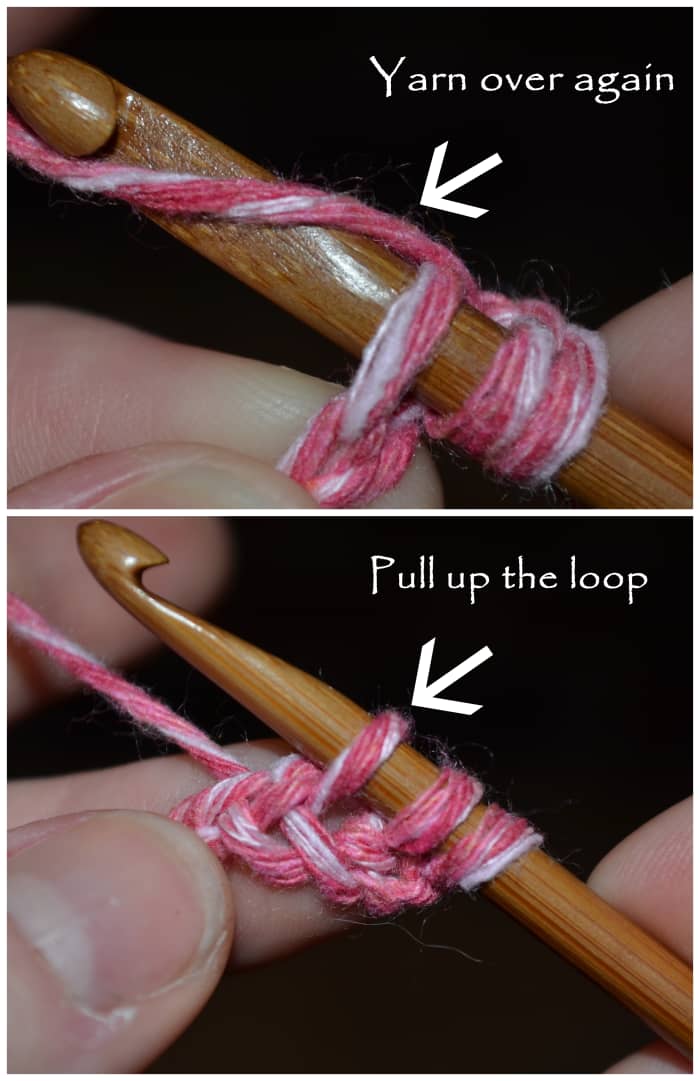 Yarn over, and then grab the yarn and pull it through the chain stitch, pulling up a loop.
