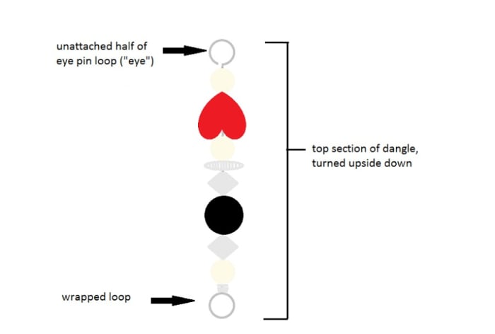 Diagram of upside-down top section of beaded earring dangle indicating the unattached half of the eye pin loop.