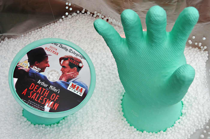 Both Gloves filled with Polystyrene Balls. The center hole of the Death of a Salesman has as yet been taped up.
