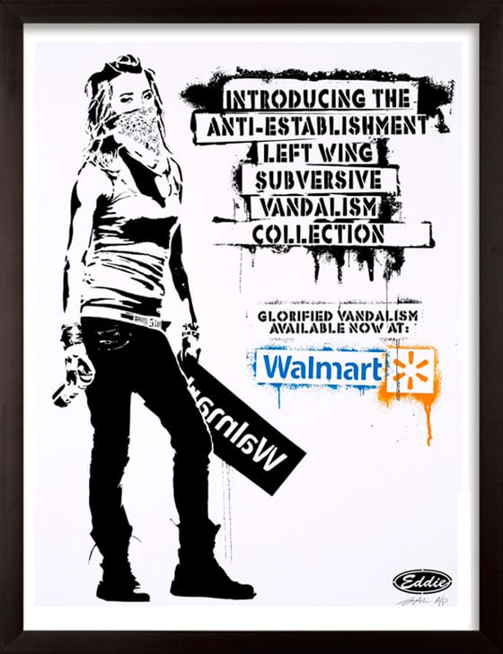 Californian Artist Eddie Colla had his artwork stolen by Walmart and sold as a “Banksy” print. In order to reclaim his artwork, he created a limited edition print called “It’s Only Stealing If You Get Caught” to fund legal fees in the case.
