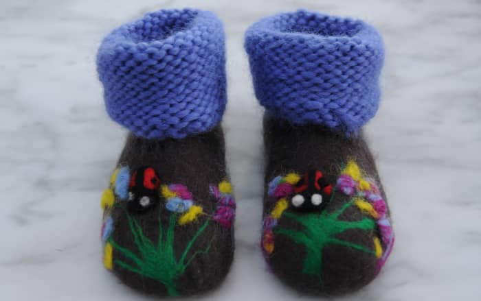 The completed bootie. The knitting will become felted as it was made with yarn intended for that purpose.