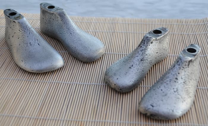 Here are cute and tiny metal shoe lasts for children. They really make a difference to the finished shape of the booties.