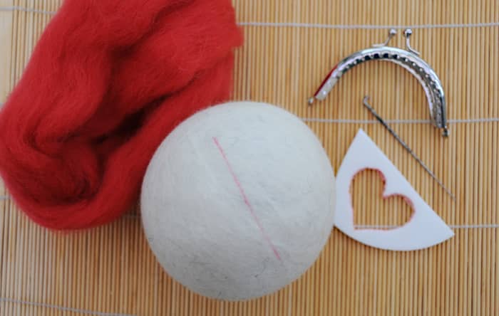 Here are the items required for needle felting the heart and ladybugs onto the felted ball.