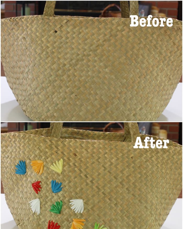Before and after embellishing a straw bag with recycled plastic bags! A little bit of a retro look to jazz up a plain straw tote.