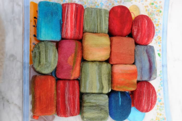 Wet Felted Soaps using a variety of wool including some Merino Wool Roving which includes some Silk Fibre