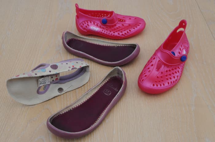 Recycled 'Crivit' Jelly Beach Shoes are used in place of expensive Shoe Lasts Soles are recycled from Clarke's Kiddies shoes..