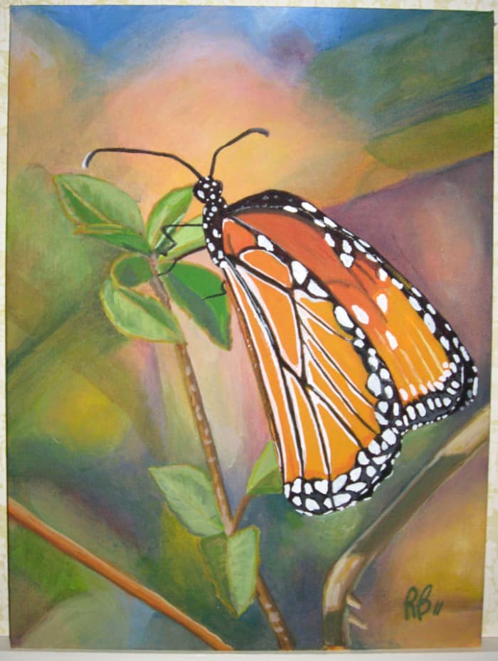 My First Painting From a Reference Photo in 2011: "Monarch Butterfly" acrylic painting from a photo. Note how I made all the white spots truly white. Now I would mix a bit color into them. copyright 2011, All Rights Reserved