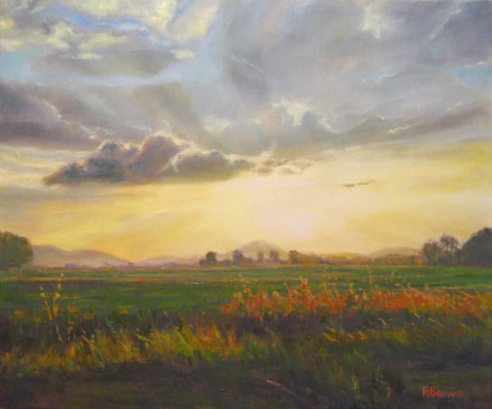 I painted this from a photo. being back-lit the grass was very dark in the photo., also there was a cement pole in the middle that I removed. (see below) "Glimpse" oil on canvas by Robie Benve, copyright 2015, All Rights Reserved