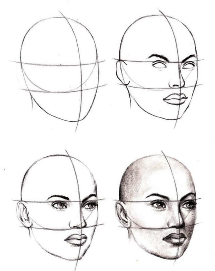 An example of drawing a 3/4 view head usint the oval technique. Only here, the style is more realistic than manga.
