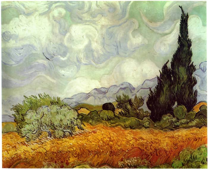 "Field with Cypresses", by Vincent Van Gogh. If you squint at this painting you can see the L shape formed by the tree and the foreground, and the diagonal line following the tree profile, the central bush, and the bottom of the bush on the left.