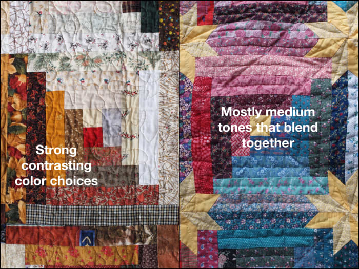 Both of these quilts are made using the log cabin pattern. Unfortunately, the one on the right used mostly medium hue fabrics, and the design got a little lost. The pattern on the left stands out much more.