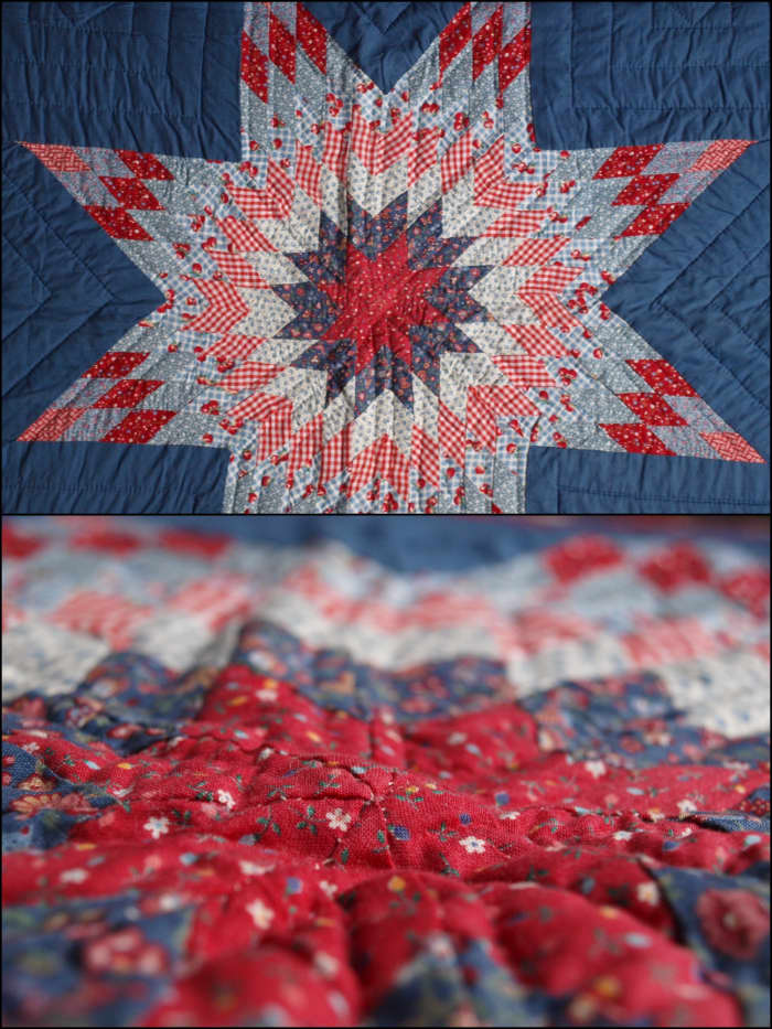 For my third quilt, I chose the Lone Star pattern, one of the more difficult traditional patterns out there. I had no idea what I was doing and almost no seams match. The quilt doesn't lay flat at all.
