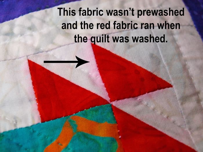 Prewashing fabrics helps avoid problems like the one in the photo. Always follow the fabric washing instructions.
