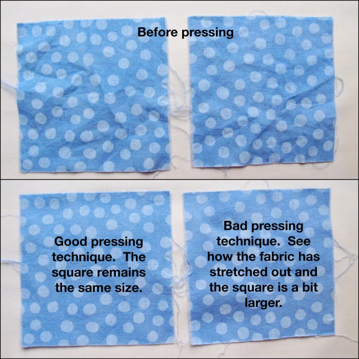 It's subtle, but the fabric square on the bottom right is now slightly skewed because of bad pressing. That will make a difference when using it in a quilt block.