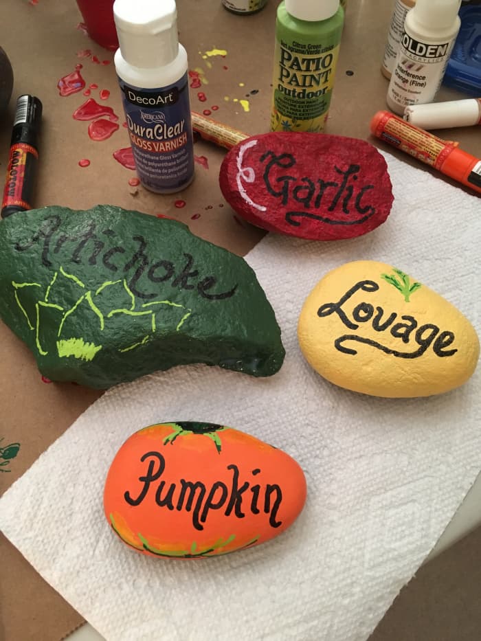 Try adding some details to your stones. For example, on my "Artichoke" stone, I added light green artichoke leaves. The "Pumpkin" stone has a pumpkin stem on top with some ribbing at the top and bottom of the stone.