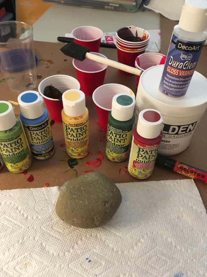 DecoArt Patio Paints are readily available at many craft stores, and in a good range of colors.