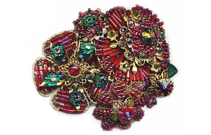 Layered, cagework beaded filigree collage brooch with vintage stones and filigree, by Margaret Schindel