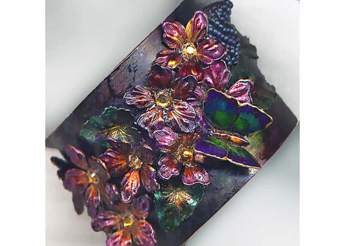 Hand-painted raw brass collage cuff bracelet, one-of-a-kind design by Margaret Schindel