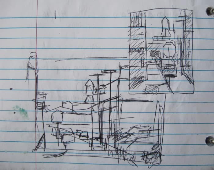 A quick line plan to test out the composition of a plein air painting. First I did a horizontal layout, then I tried the vertical, with some indication of values. Kind of messy, but sketches need to make sense to the artists only.