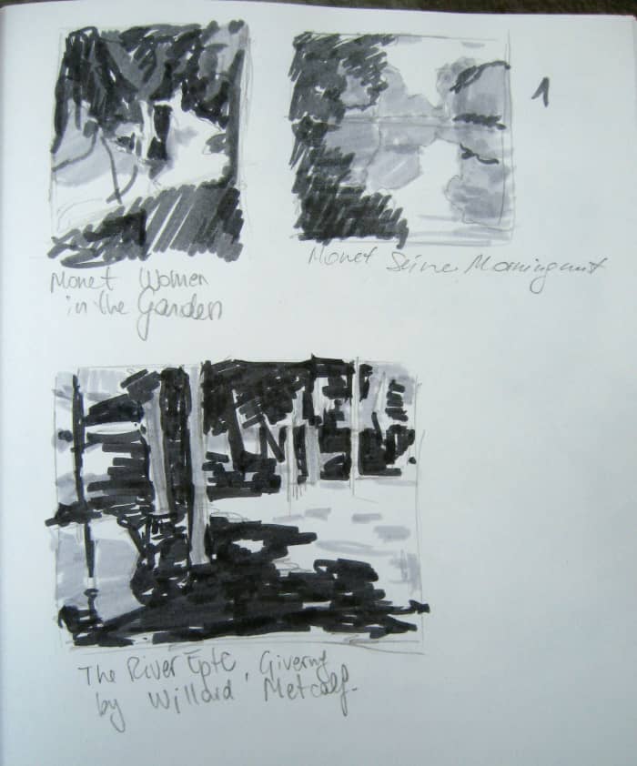 I made these value studies looking at some of my favorite impressionist paintings in a museum. I used value markers.