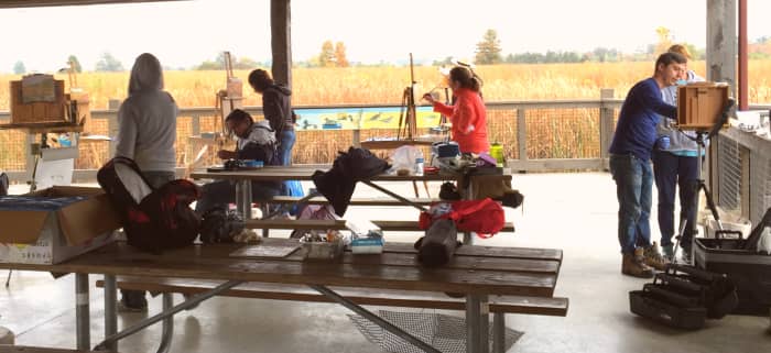 Find a group or painting class! Painting with others feels safer and encouraging. Pictured: Group of plein air painters taking a class with Joseph Lombardo in Columbus, OH. This was a rainy and cold day, we painted under a shelter at a local park.
