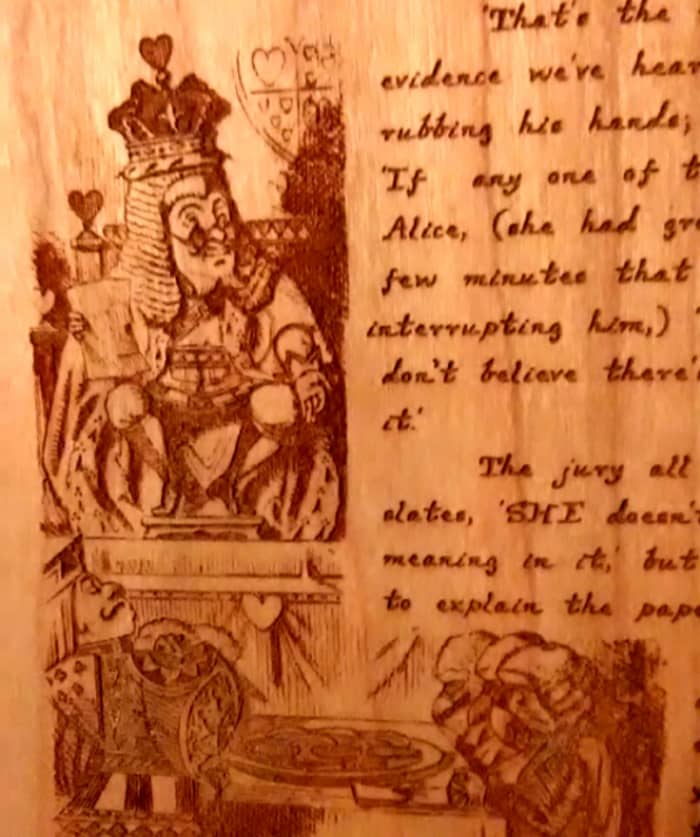 Engraving the illustrations and text together at the same time requires a perfect balance in controlling minute changes in power and speed. I've destroyed many pages until I achieved the right combination.