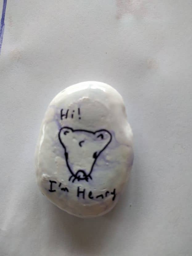 Henry, the kindness rock, in progress, after being outlined in sharpie and sprayed again with aerosol hairspray.