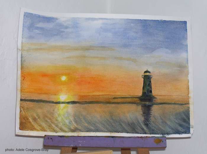 Lighthouse at the Point of Ayr, Wales, by Adele Cosgrove-Bray; watercolour; 2018.