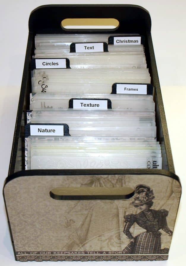 Store your embossing folder in a box with defined categories, For me, I like finding them by theme or subject, Special holidays like Christmas, Thanksgiving, ect would be their own category,