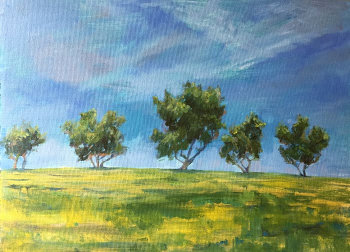 Smooth hard edges around the trees and in the grass. Add any needed final details at the end of your painting.
