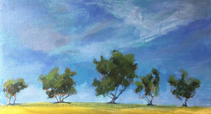 Plant your trees on the ground, adding a darker line near the roots. You'll blend later.