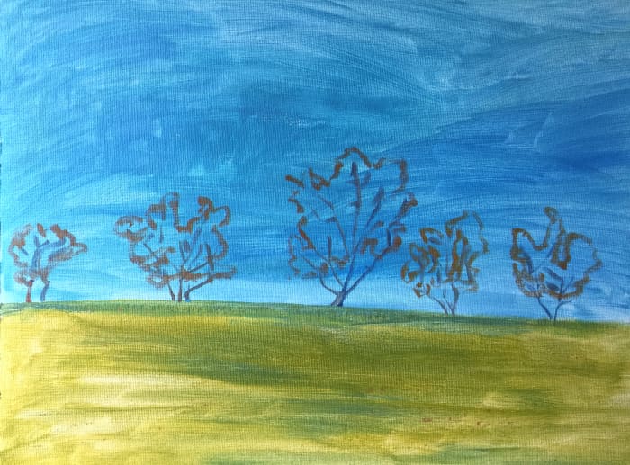 Draw the outline of the foliage with a thin paint in contrasting color, like orange or red.