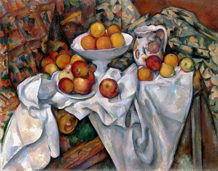 Setting up a still life you get the chance to plan your composition, leading lines, and value structure in ways that are interesting for the eye and lead the viewer's eye to the different elements of the painting. Paul Cézanne, "Apples and Oranges"