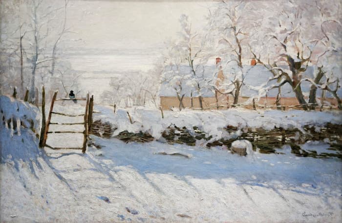 Snowscape painting by the French Impressionist Claude Monet depicts a solitary black magpie perched on a fence. 1868 -1869