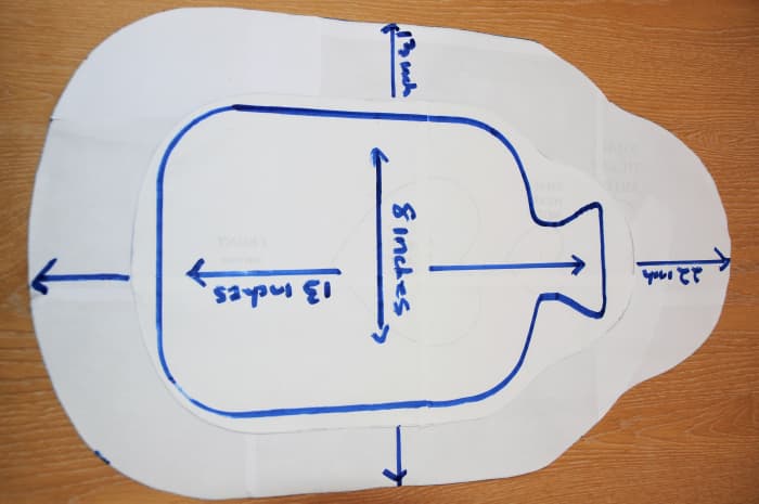 Add on the approximately 2 1/2 " to the sides and approximately 5 1/2" to the long sides as shown. that is if you do not have a printer to hand.