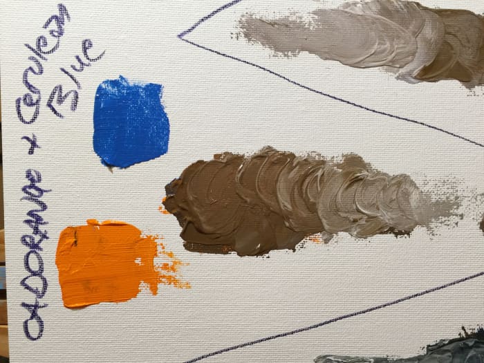 Cadmium orange and cerulean blue make a nice brown, that is slightly lighter and warmer than the previous mix.