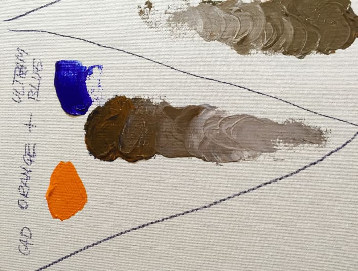 Cadmium Orange and Ultramarine Blue make a warm, dark brown, when white is added in it gets really neutral.