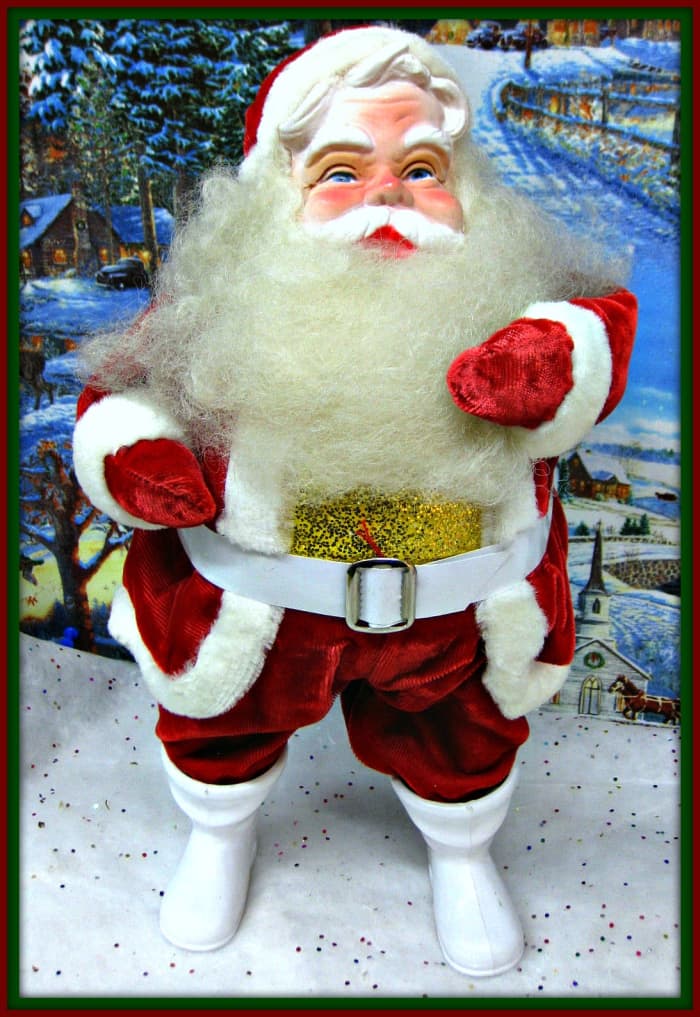 This sweet Harold Gale Santa is with the rare gold glittered vest. He is extra jolly and at 13 inches tall, he is ready for your home Christmas display.