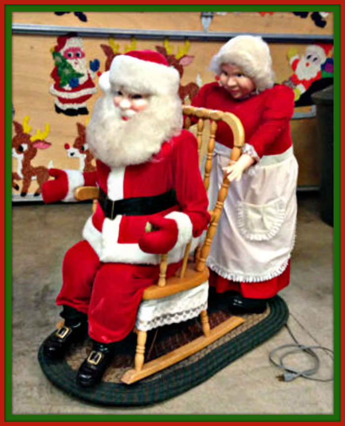 , Mrs. Clause pushes Santa clauses chair and rocks it, this is a very nice display. The motor is quiet and runs smooth. The motor was built for commercial use to run for many hours in a display.
